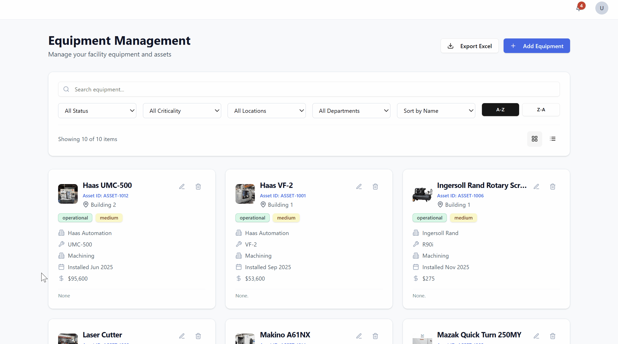 Adding equipment demo - Equipment Management page showing equipment cards